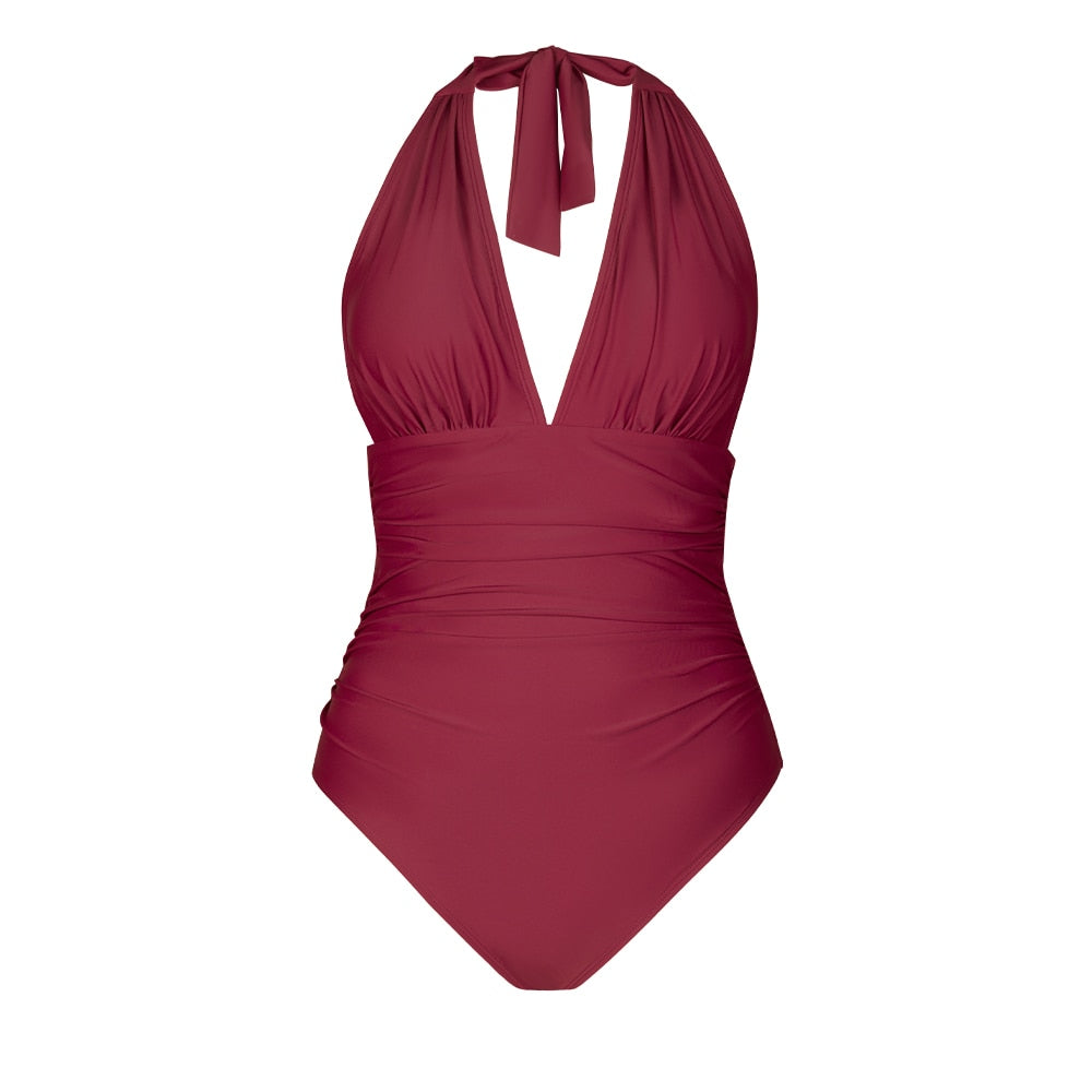 Maillot de bain 1PC col en V et devant froncé - Effet ventre plat