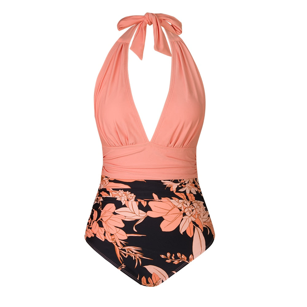 Maillot de bain 1PC col en V et devant froncé - Effet ventre plat