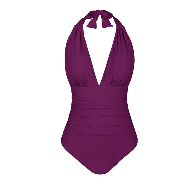 Maillot de bain 1PC col en V et devant froncé - Effet ventre plat
