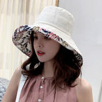 Reversible patterned wide-brimmed cotton bucket hat