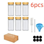 Lot de 6 Pots à Épices en Verre avec Couvercles en Bambou – Étiquettes, Entonnoir, Brosse et Crayon Inclus
