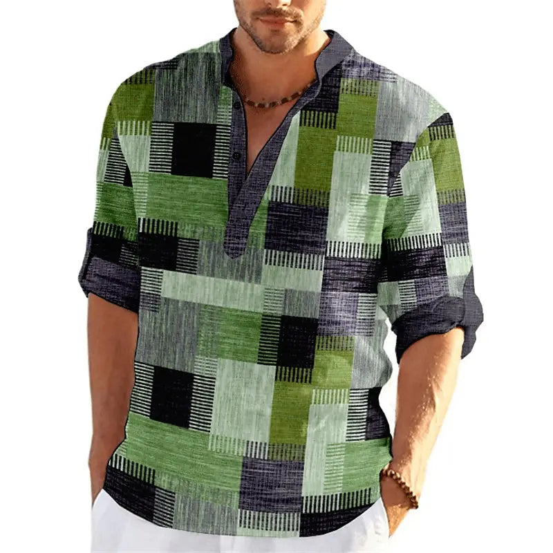 Blouse Col Mao Manches 3/4 à Motif Patchwork - Homme