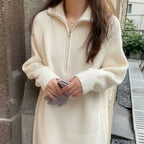 Robe Pull en Tricot Côtelé Ample à Col Cheminé à Zip