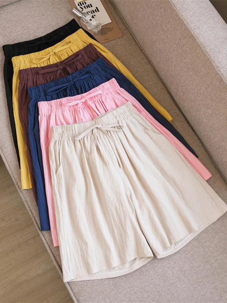 Short en Coton Ample à Taille Élastique avec Cordon