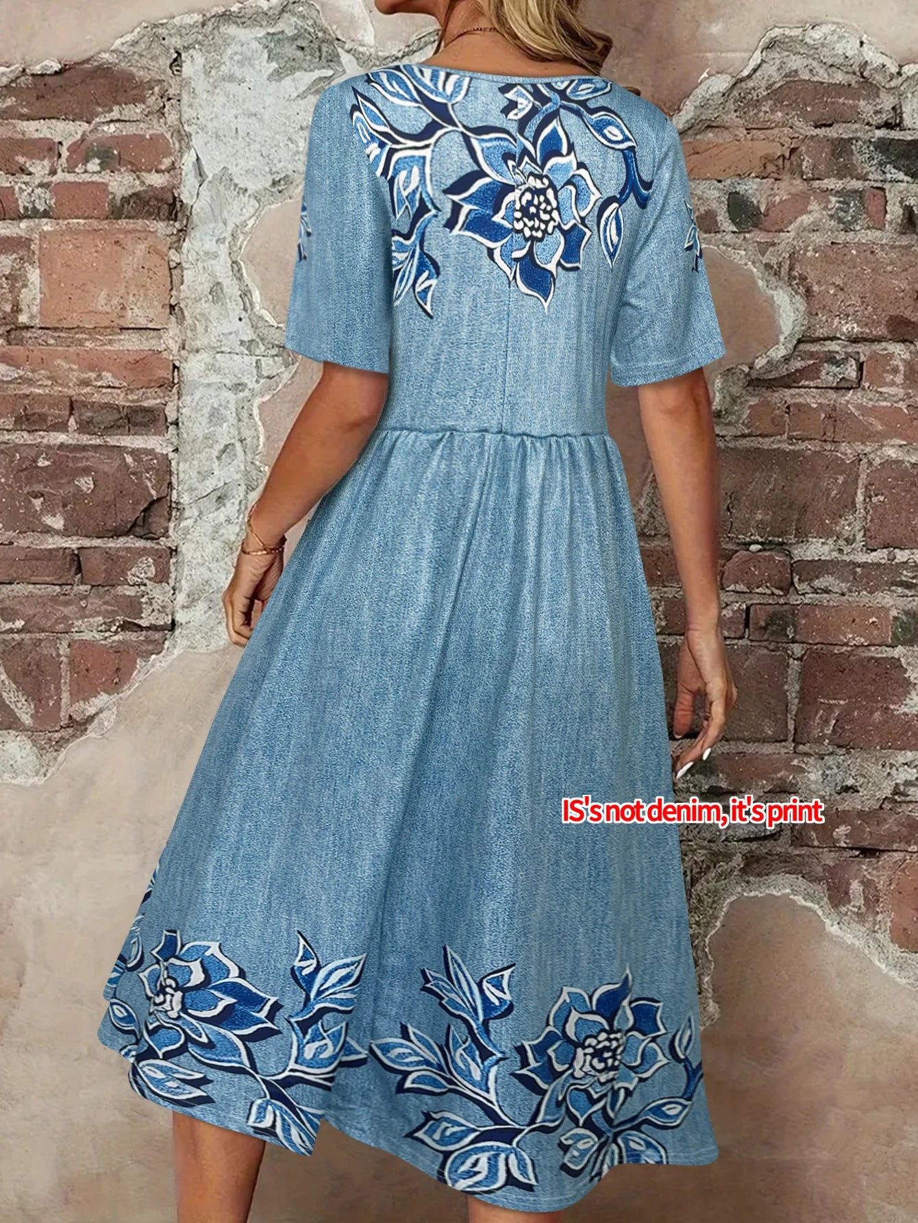 Robe Midi Femme Effet Denim Fleuri – Boutonnée avec Poches et Style Bohème