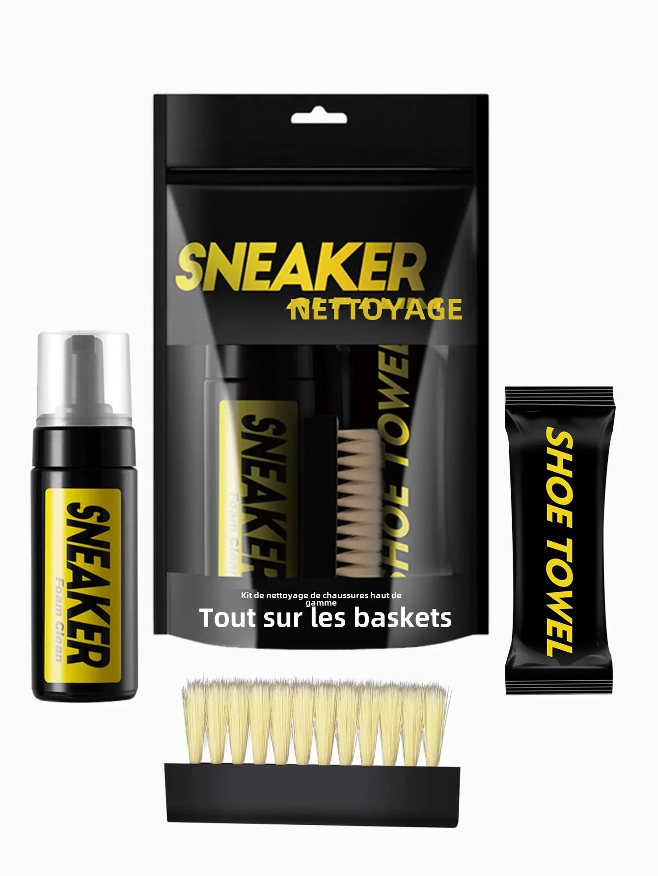 Kit Complet de Nettoyage pour toutes les Baskets - Mousse, Brosse & Serviette