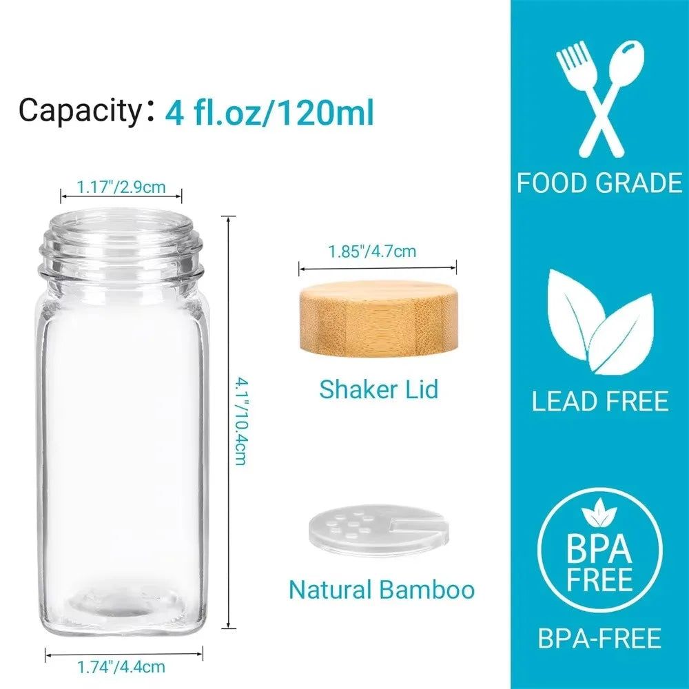 Lot de 6 Pots à Épices en Verre avec Couvercles en Bambou – Étiquettes, Entonnoir, Brosse et Crayon Inclus