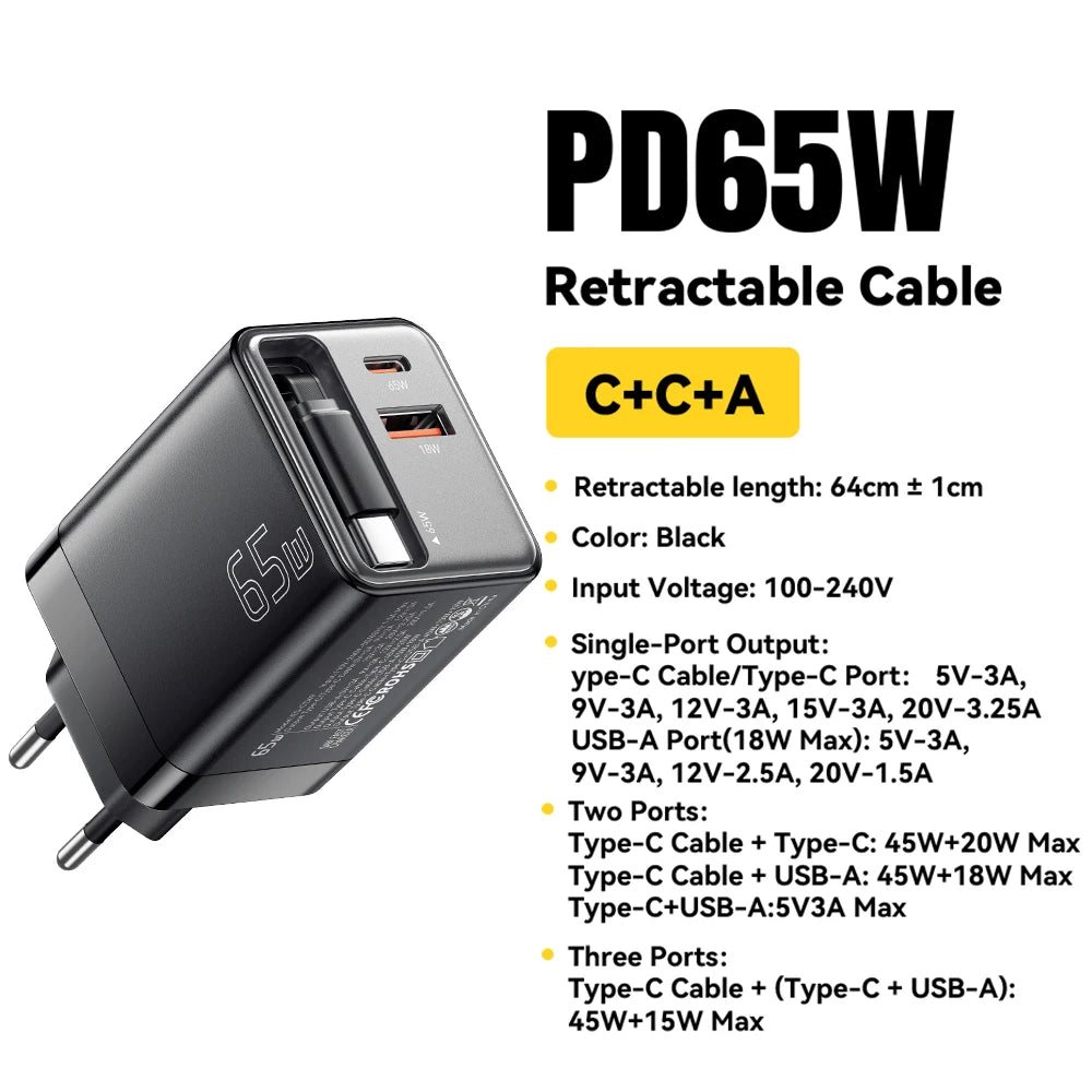 Chargeur 3 en 1 à Charge rapide avec Câble Type-C rétractable