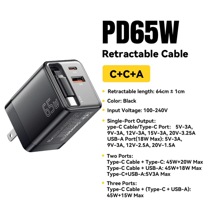 Chargeur 3 en 1 à Charge rapide avec Câble Type-C rétractable