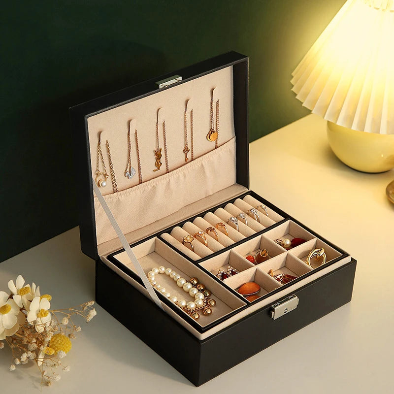 Boîte à Bijoux Élégante en Cuir PU à 2 Étages Grande Capacité