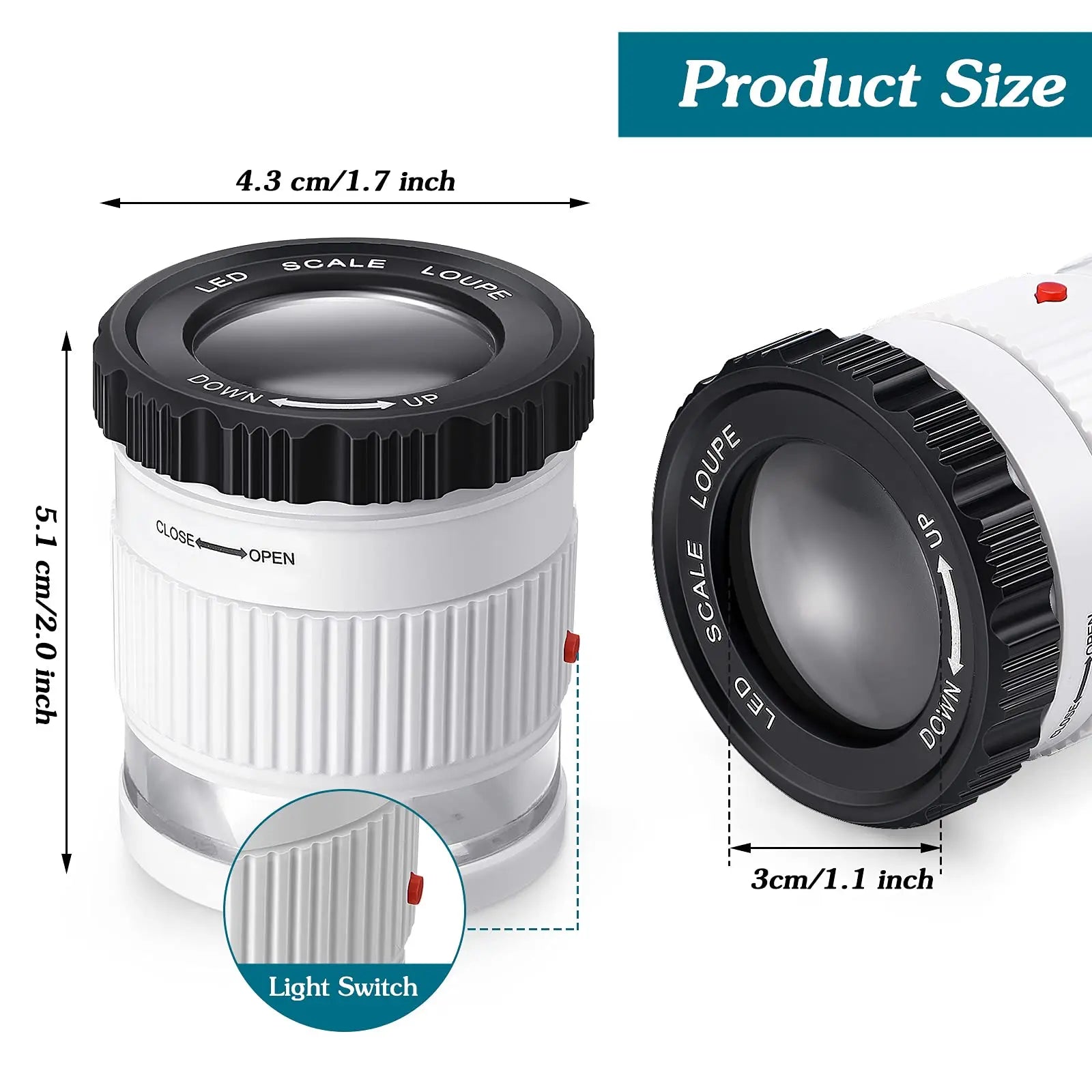 Loupe Cylindrique Portative 30X avec Échelle, Lumière LED & UV