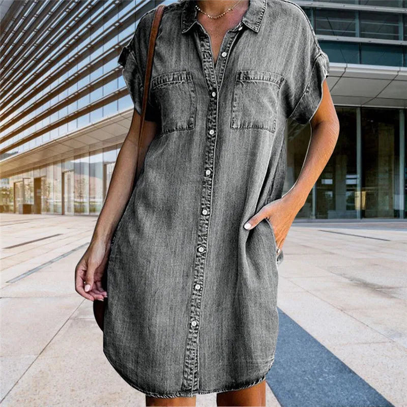Short-sleeved denim tunic dress with pockets