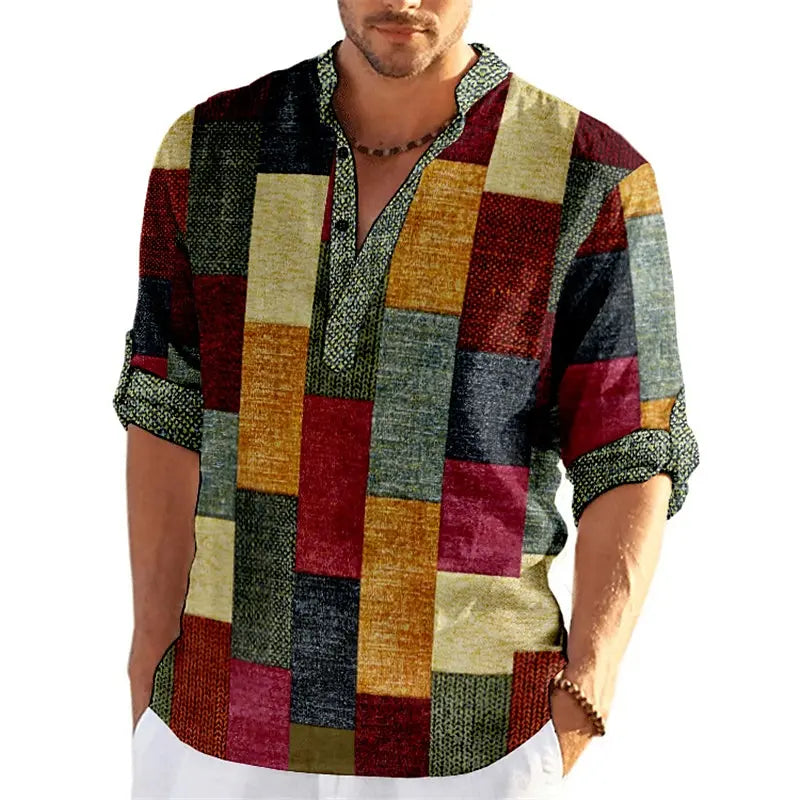 Blouse Col Mao Manches 3/4 à Motif Patchwork - Homme
