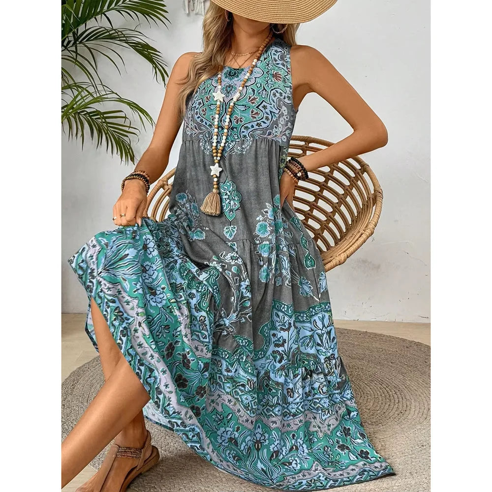 Robe Longue à Motif Ethnique Fluide & Légère