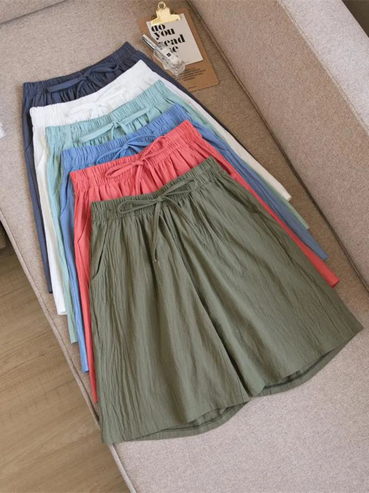 Short en Coton Ample à Taille Élastique avec Cordon