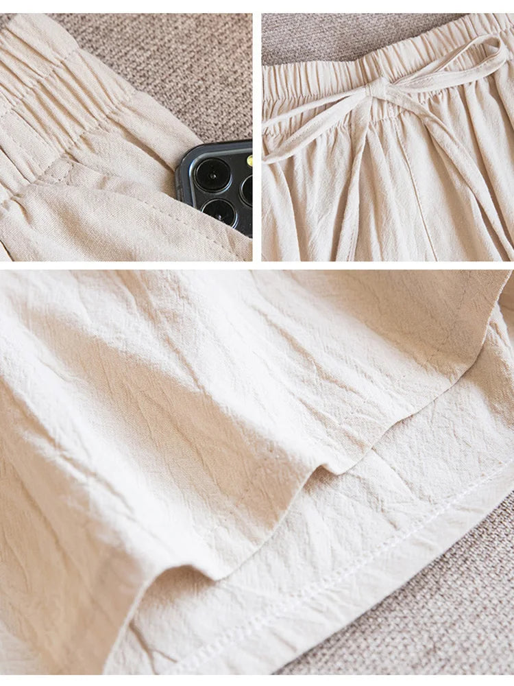Short en Coton Ample à Taille Élastique avec Cordon