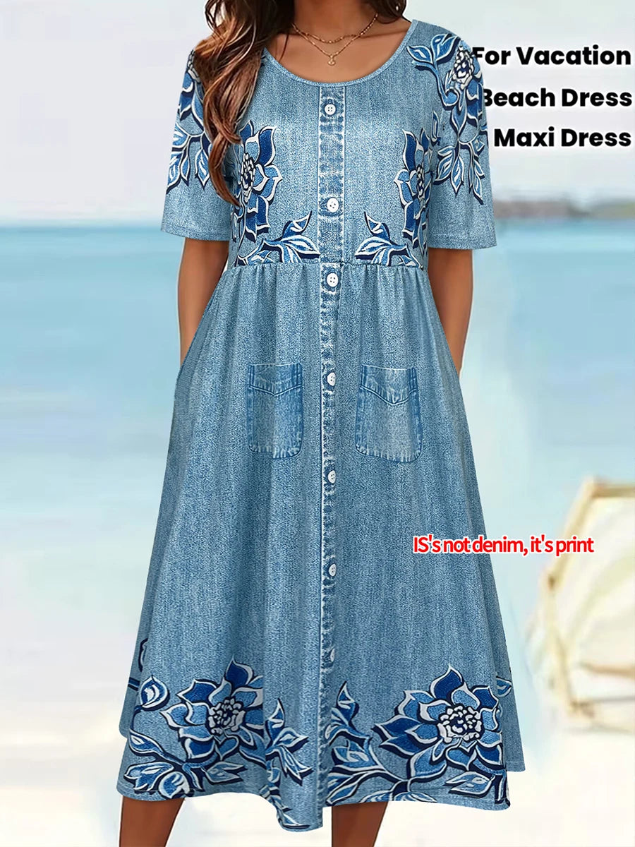 Robe Midi Femme Effet Denim Fleuri – Boutonnée avec Poches et Style Bohème