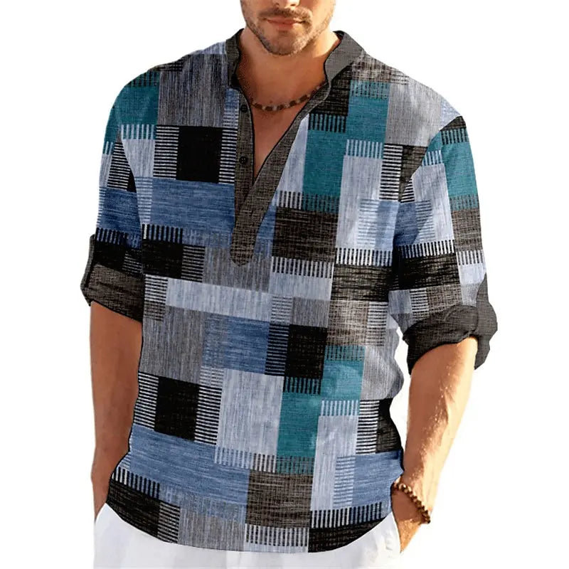 Blouse Col Mao Manches 3/4 à Motif Patchwork - Homme