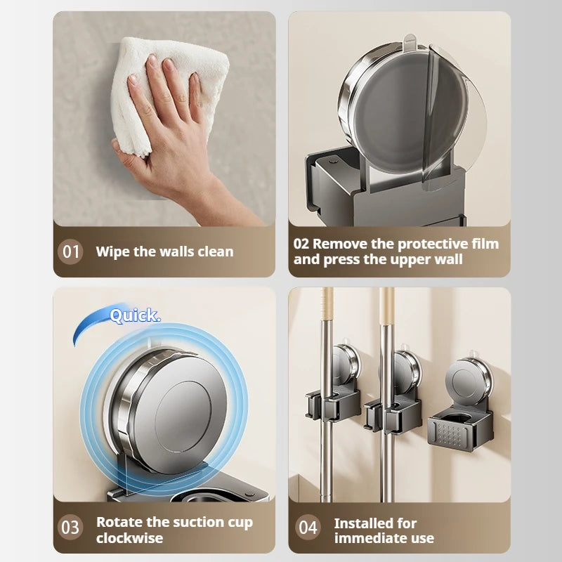 2x Support Balai & Vadrouille Mural – Fixation Ventouse