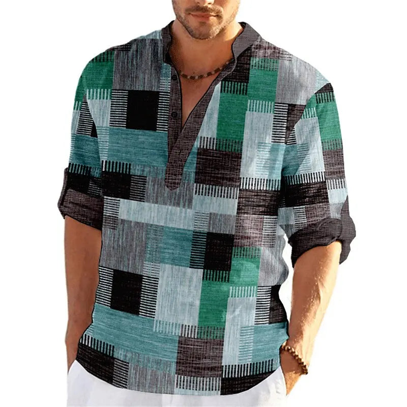Blouse Col Mao Manches 3/4 à Motif Patchwork - Homme
