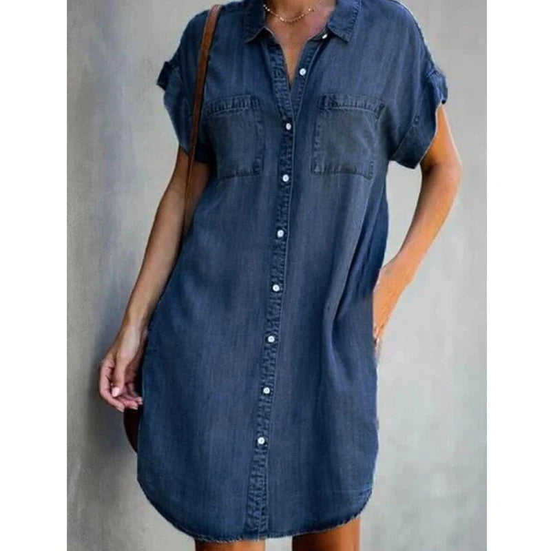 Short-sleeved denim tunic dress with pockets