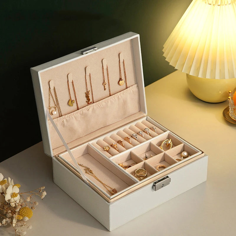 Boîte à Bijoux Élégante en Cuir PU à 2 Étages Grande Capacité