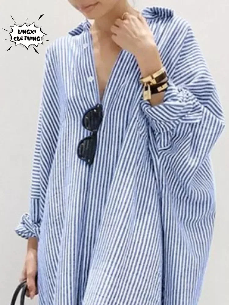 Robe Chemise à Rayures Oversize Chic – Confort & Élégance au Quotidien