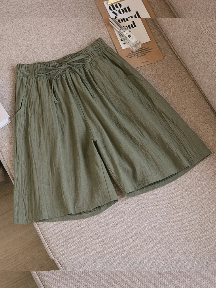 Short en Coton Ample à Taille Élastique avec Cordon