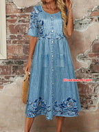 Robe Midi Femme Effet Denim Fleuri – Boutonnée avec Poches et Style Bohème