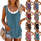 Top Sans Manches Plissé Femme – Élégant avec Détails Bicolore, Style Décontracté Été
