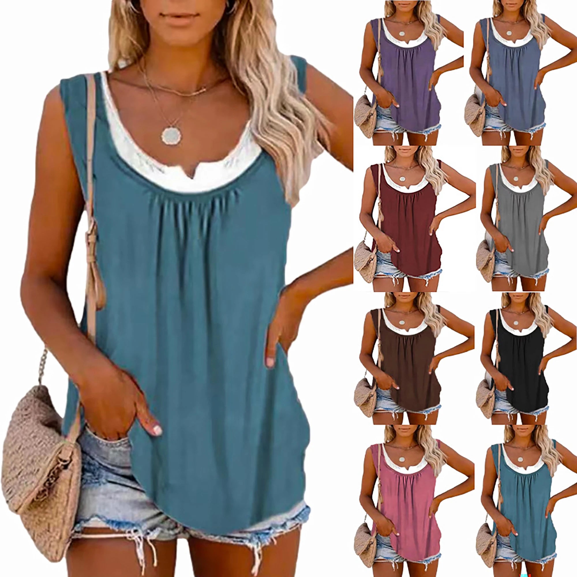 Top Sans Manches Plissé Femme – Élégant avec Détails Bicolore, Style Décontracté Été