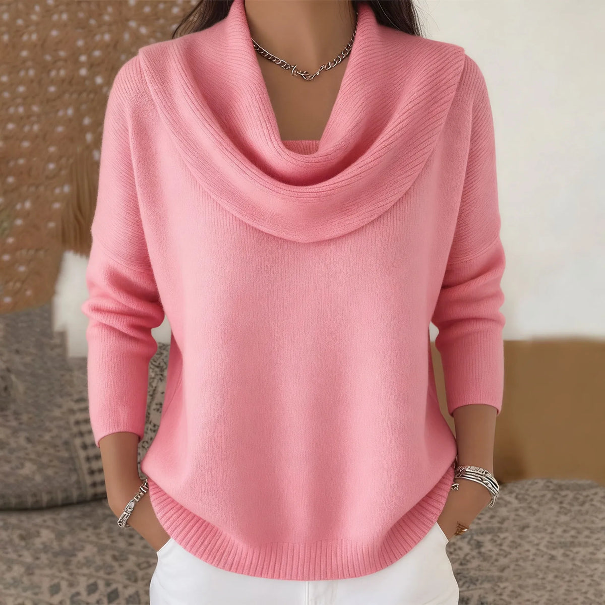 Pull Femme en Tricot à Col Bénitier & Manches Longues 12 Couleurs Unie - Idéal Automne/Hiver