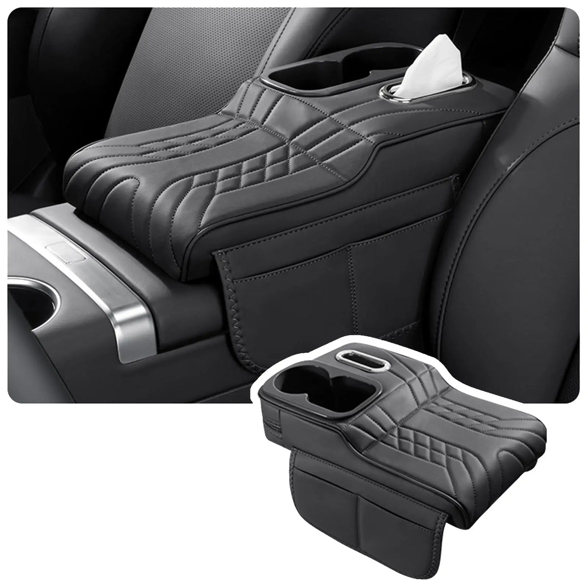 Coussin d’Accoudoir Central Voiture Multifonction – Rembourré avec Porte-Gobelet, Porte-Mouchoirs & Poches de Rangement