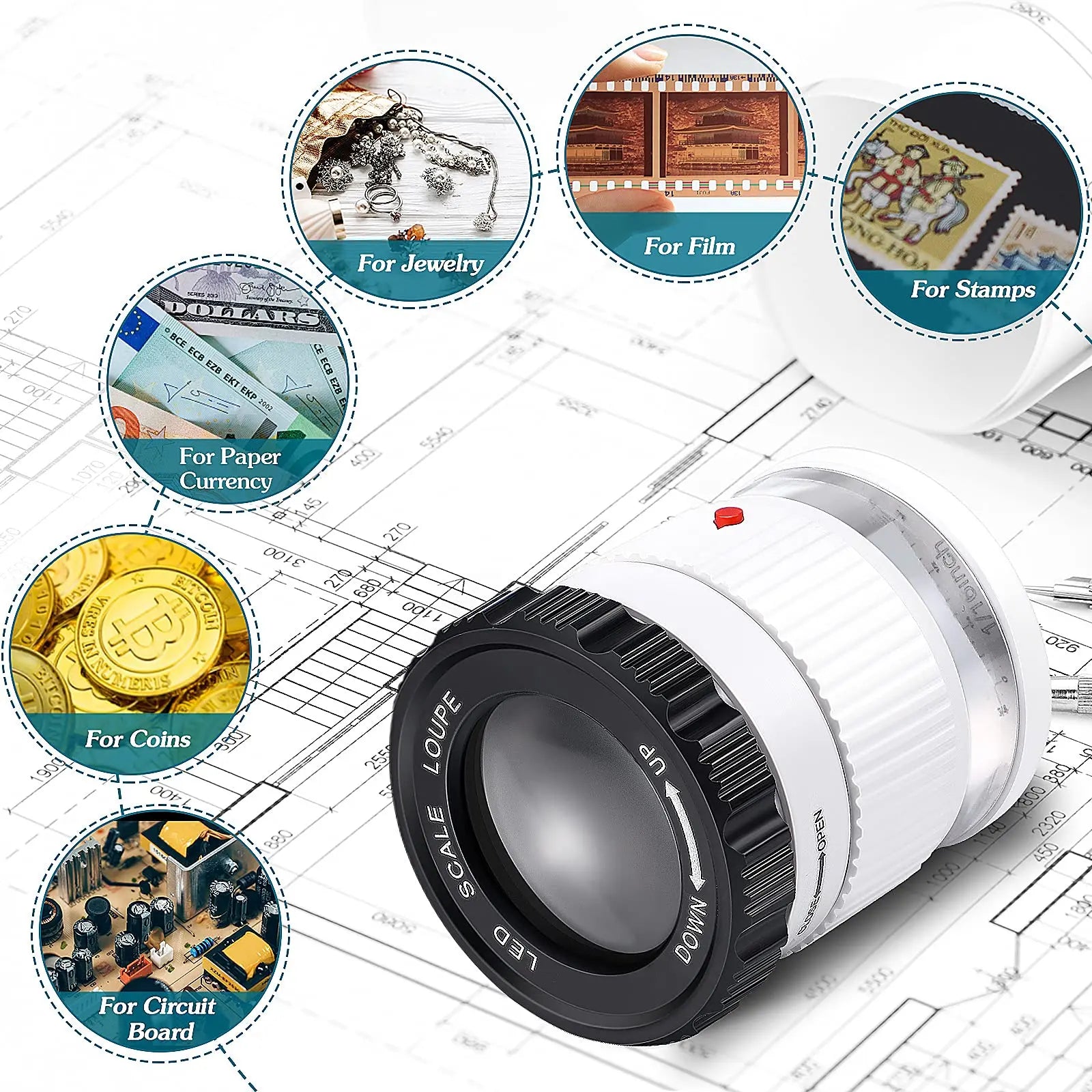 Loupe Cylindrique Portative 30X avec Échelle, Lumière LED & UV