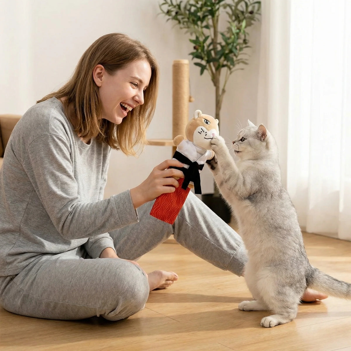 Gant Marionette de Jeu Interactif pour Chat avec Peluche de Protection – Jouet Anti-Morsures & Anti-Griffures