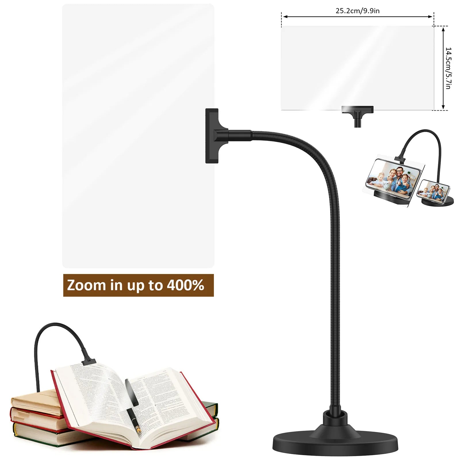 Grande loupe pleine page, loupe 4X avec support