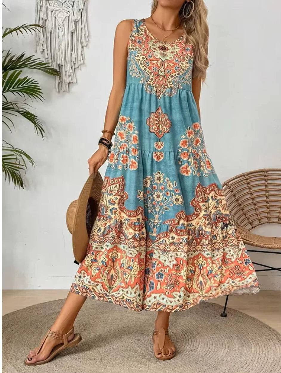 Robe Longue à Motif Ethnique Fluide & Légère