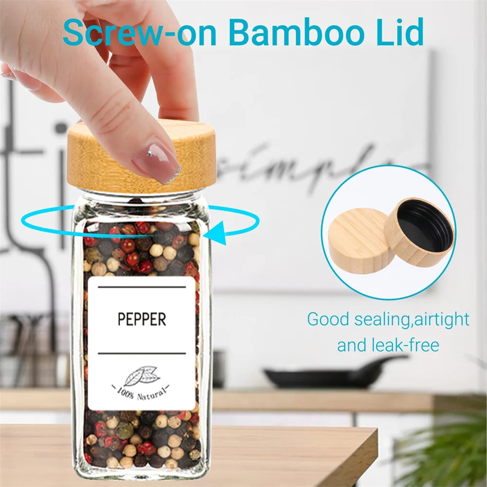 Lot de 6 Pots à Épices en Verre avec Couvercles en Bambou – Étiquettes, Entonnoir, Brosse et Crayon Inclus