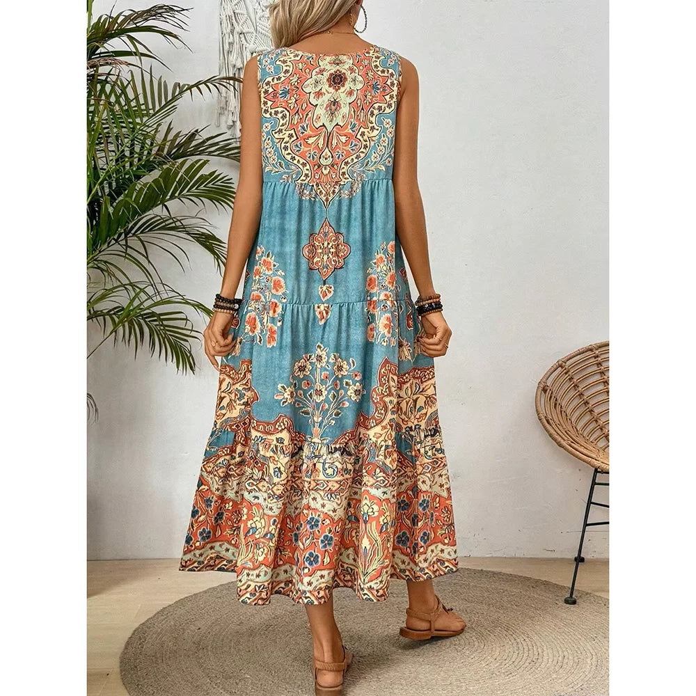 Robe Longue à Motif Ethnique Fluide & Légère