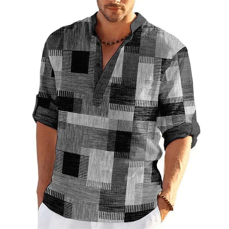 Blouse Col Mao Manches 3/4 à Motif Patchwork - Homme
