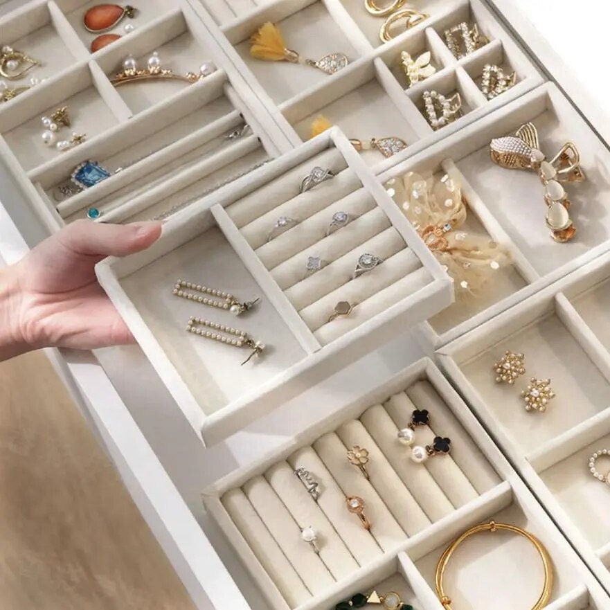 Lot de 7 Plateaux organisateur de bijoux en velours pour tiroir