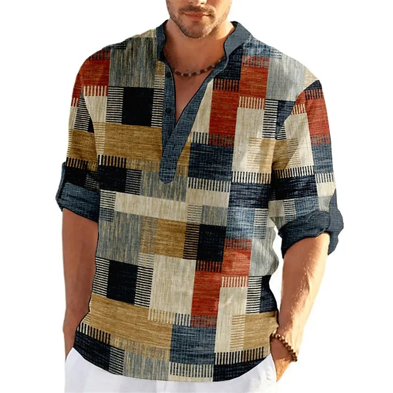 Blouse Col Mao Manches 3/4 à Motif Patchwork - Homme