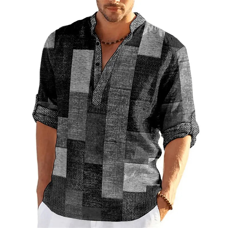 Blouse Col Mao Manches 3/4 à Motif Patchwork - Homme