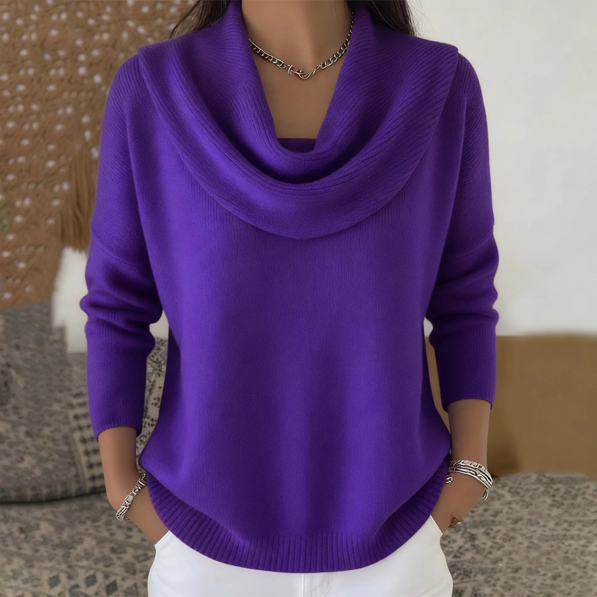 Pull Femme en Tricot à Col Bénitier & Manches Longues 12 Couleurs Unie - Idéal Automne/Hiver