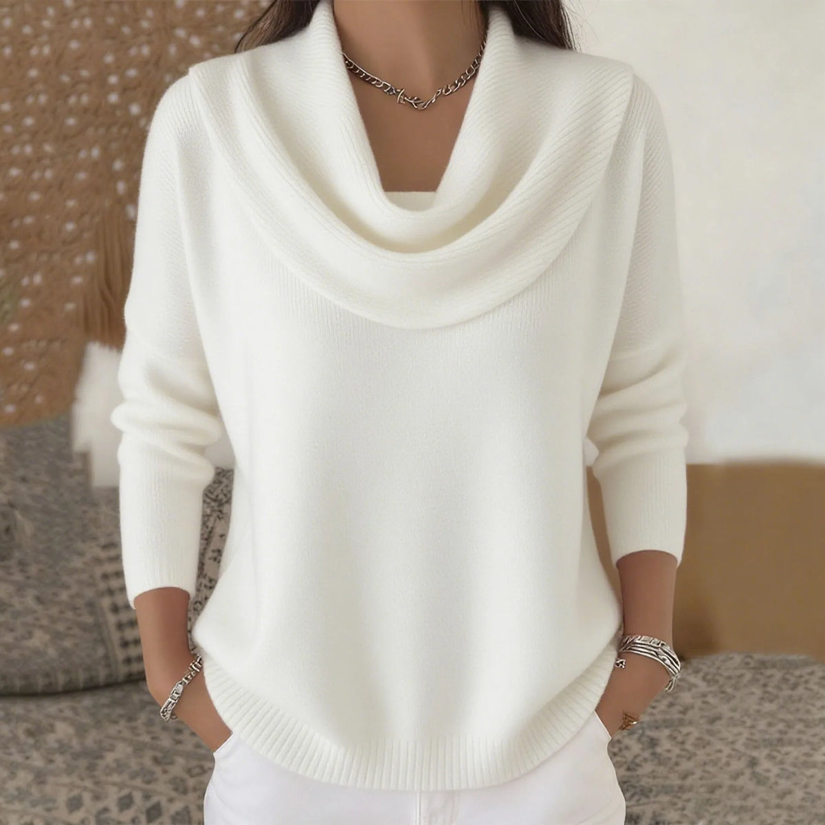 Pull Femme en Tricot à Col Bénitier & Manches Longues 12 Couleurs Unie - Idéal Automne/Hiver