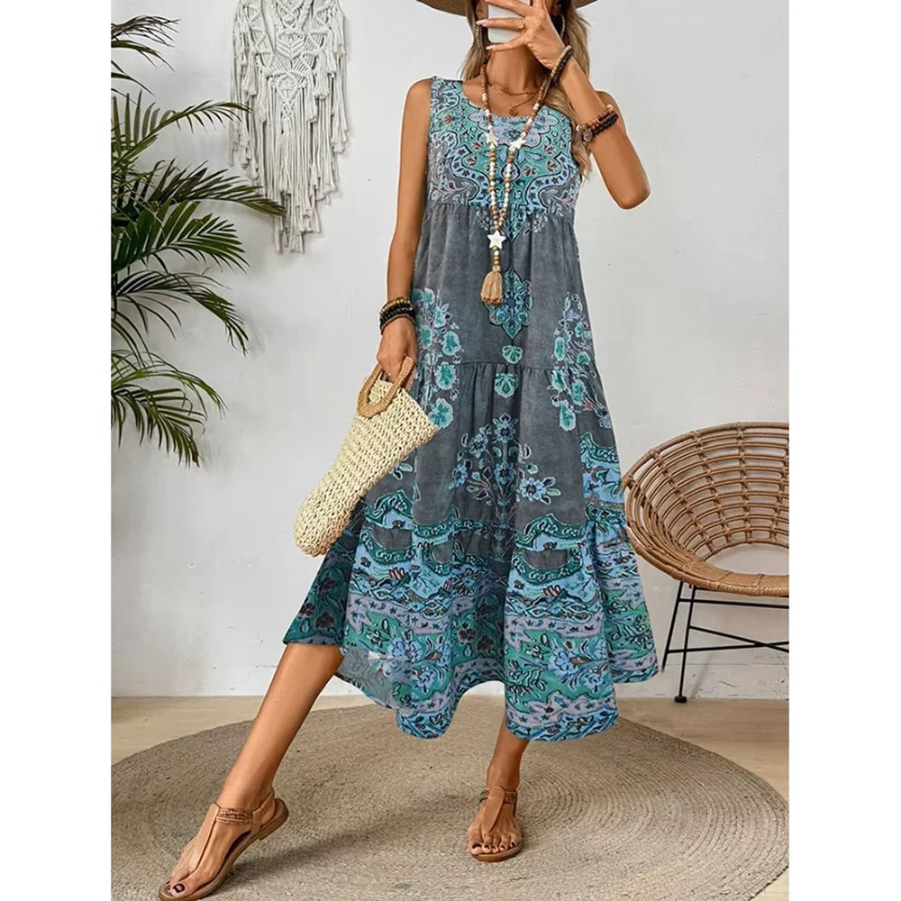 Robe Longue à Motif Ethnique Fluide & Légère