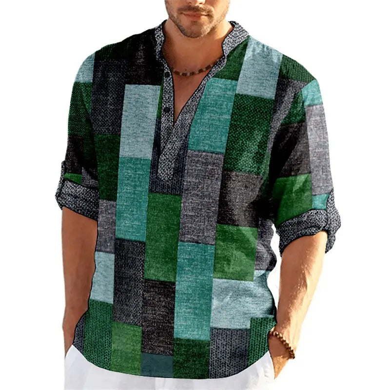 Blouse Col Mao Manches 3/4 à Motif Patchwork - Homme