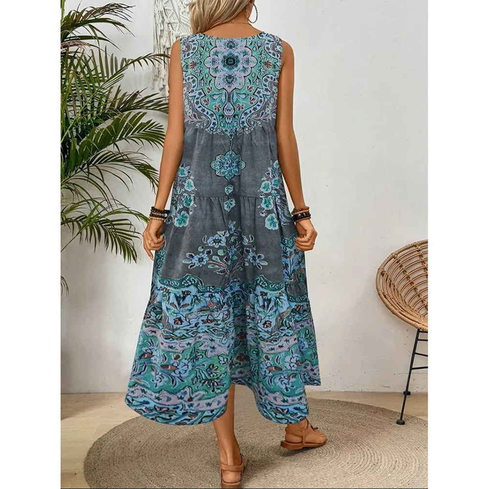Robe Longue à Motif Ethnique Fluide & Légère