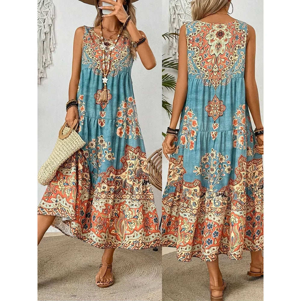 Robe Longue à Motif Ethnique Fluide & Légère