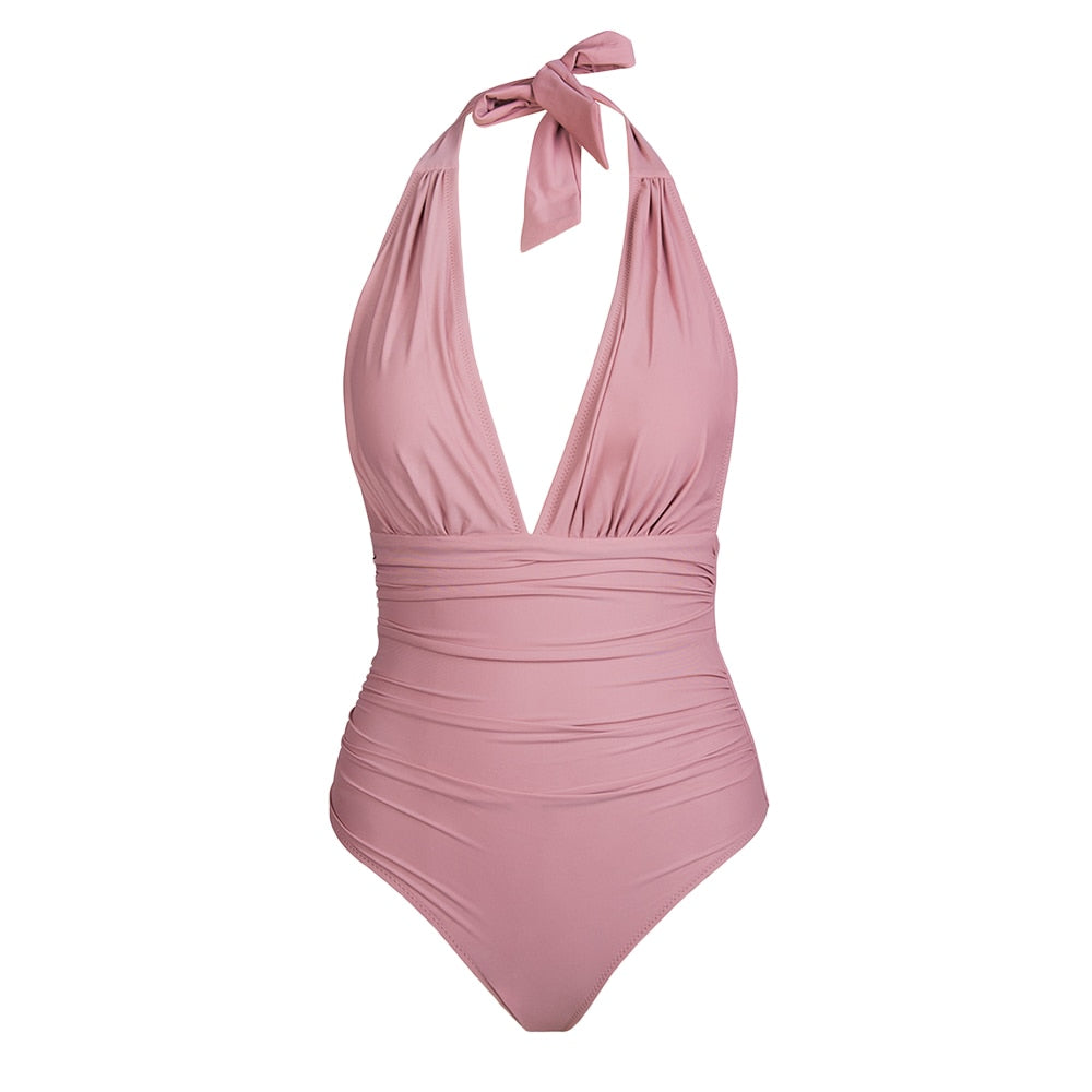 Maillot de bain 1PC col en V et devant froncé - Effet ventre plat
